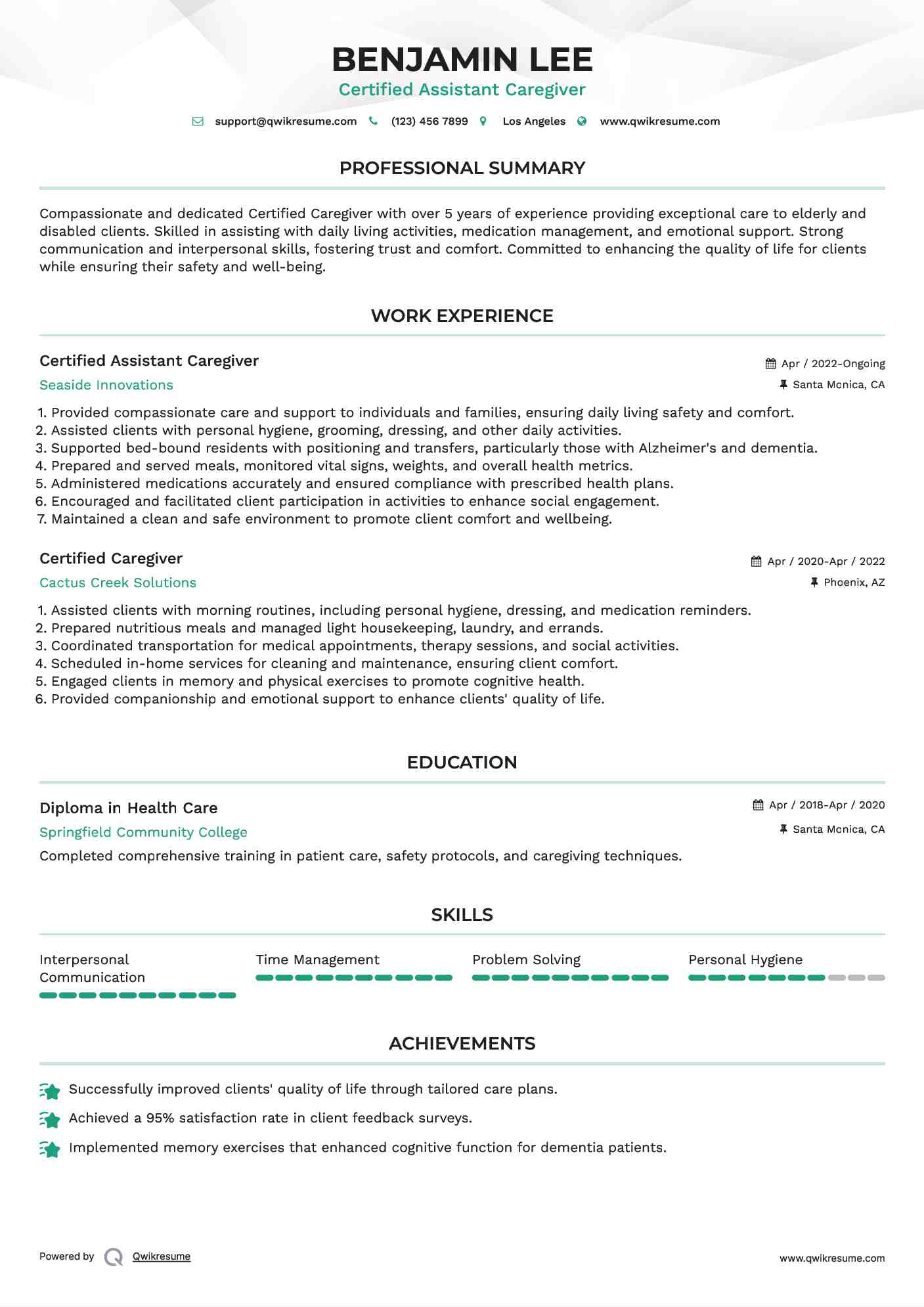 Certified Assistant Caregiver  Resume Model