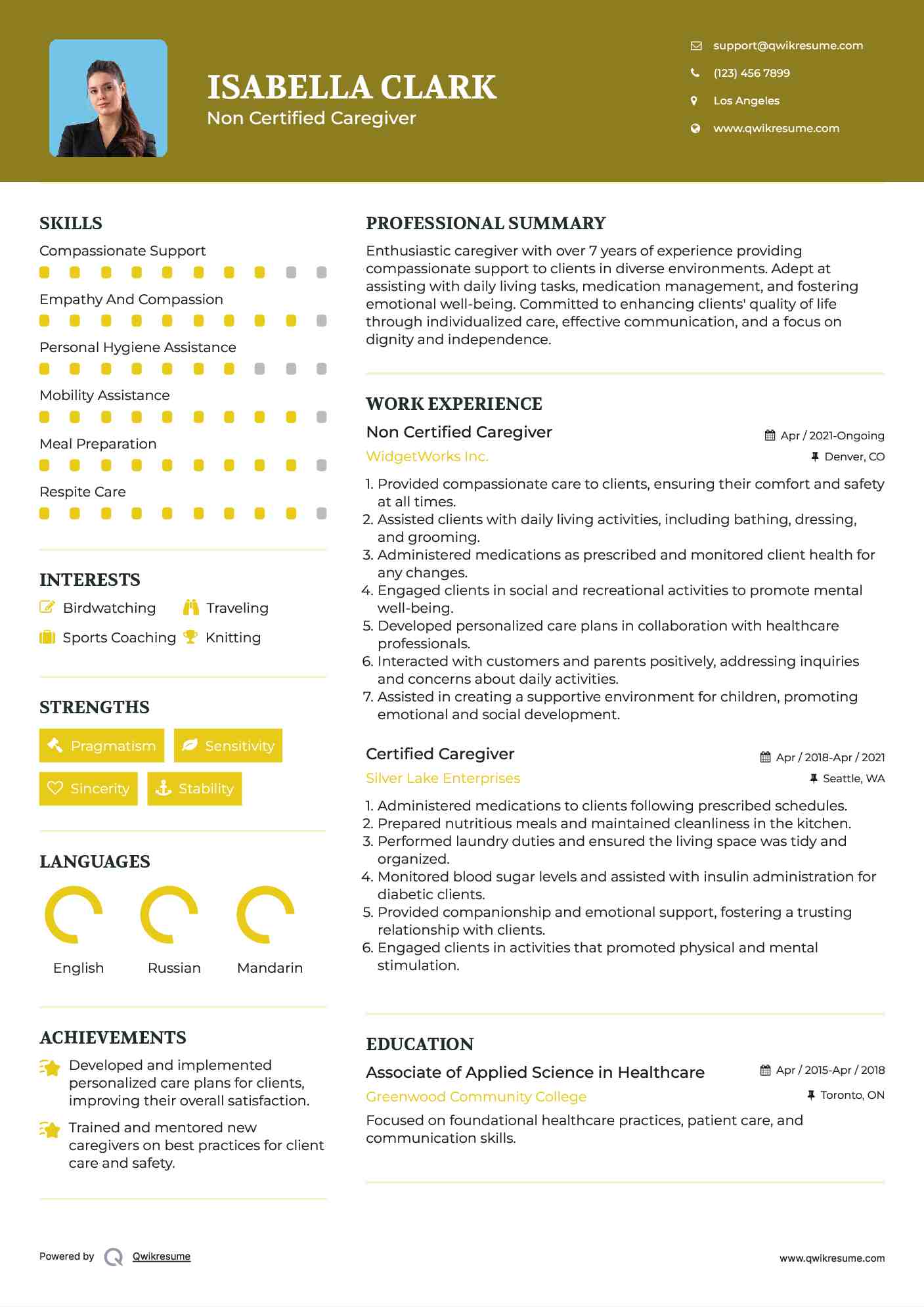 Non Certified Caregiver Resume Model
