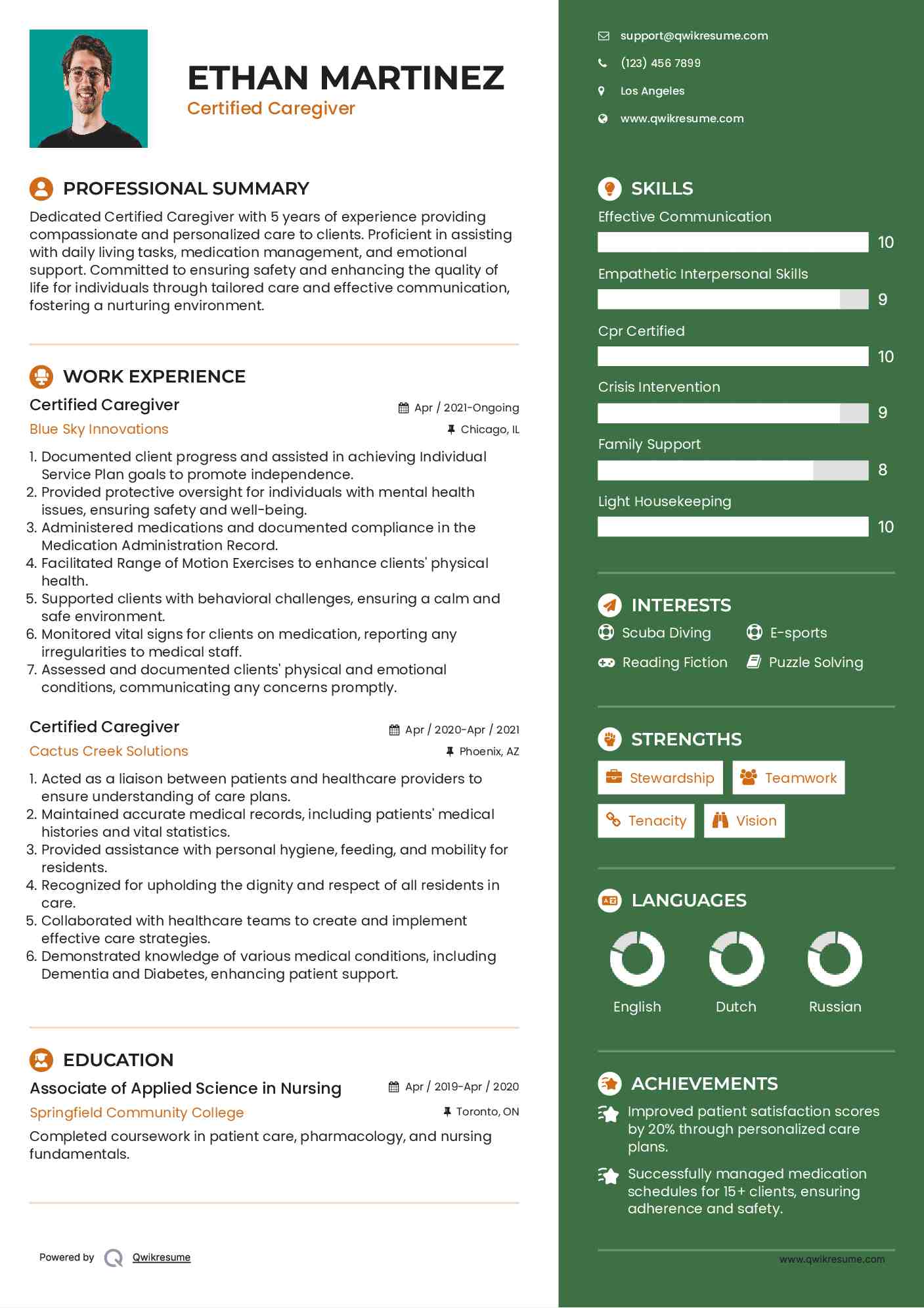 Certified Caregiver Resume Example