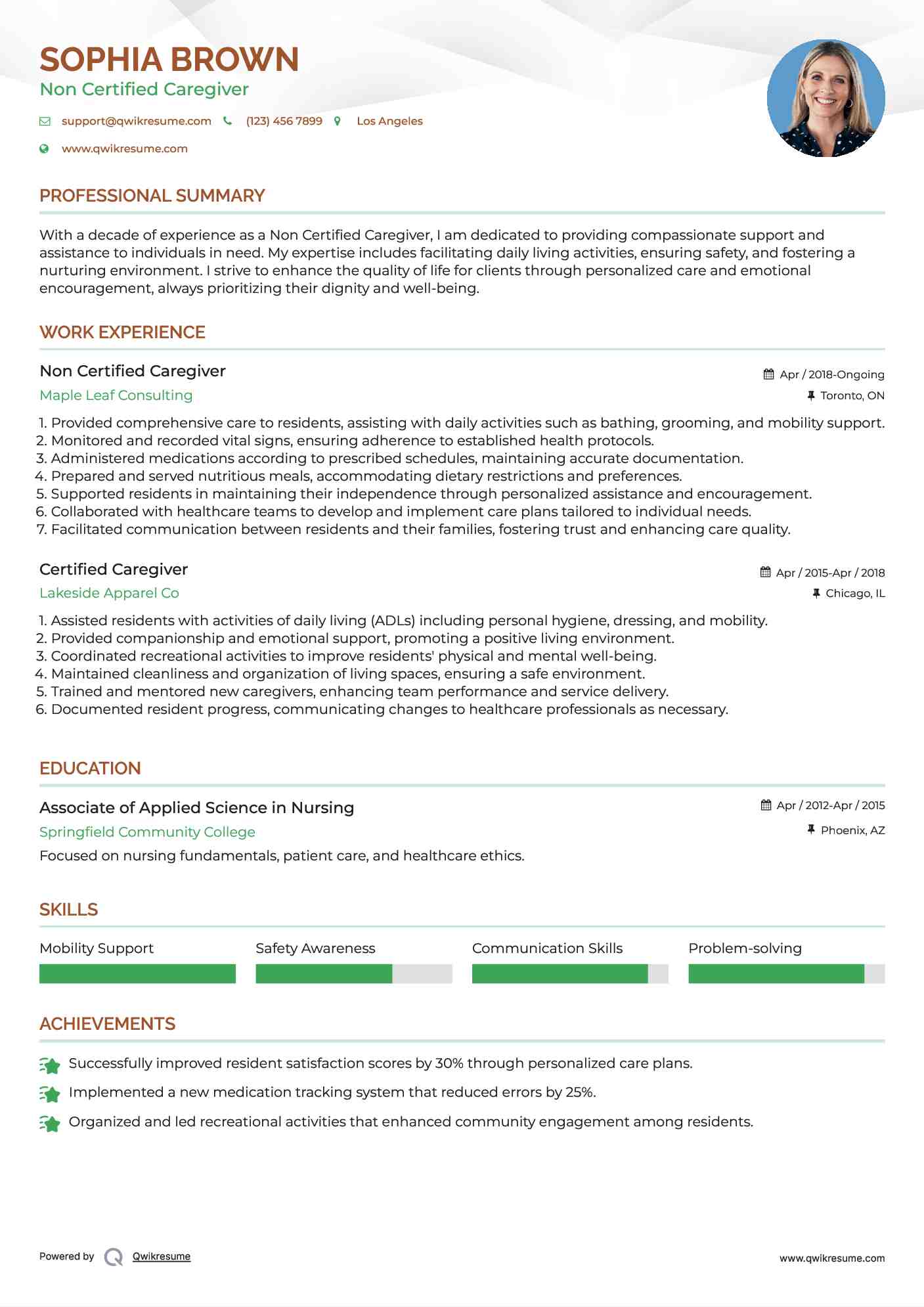 Non Certified Caregiver Resume Model