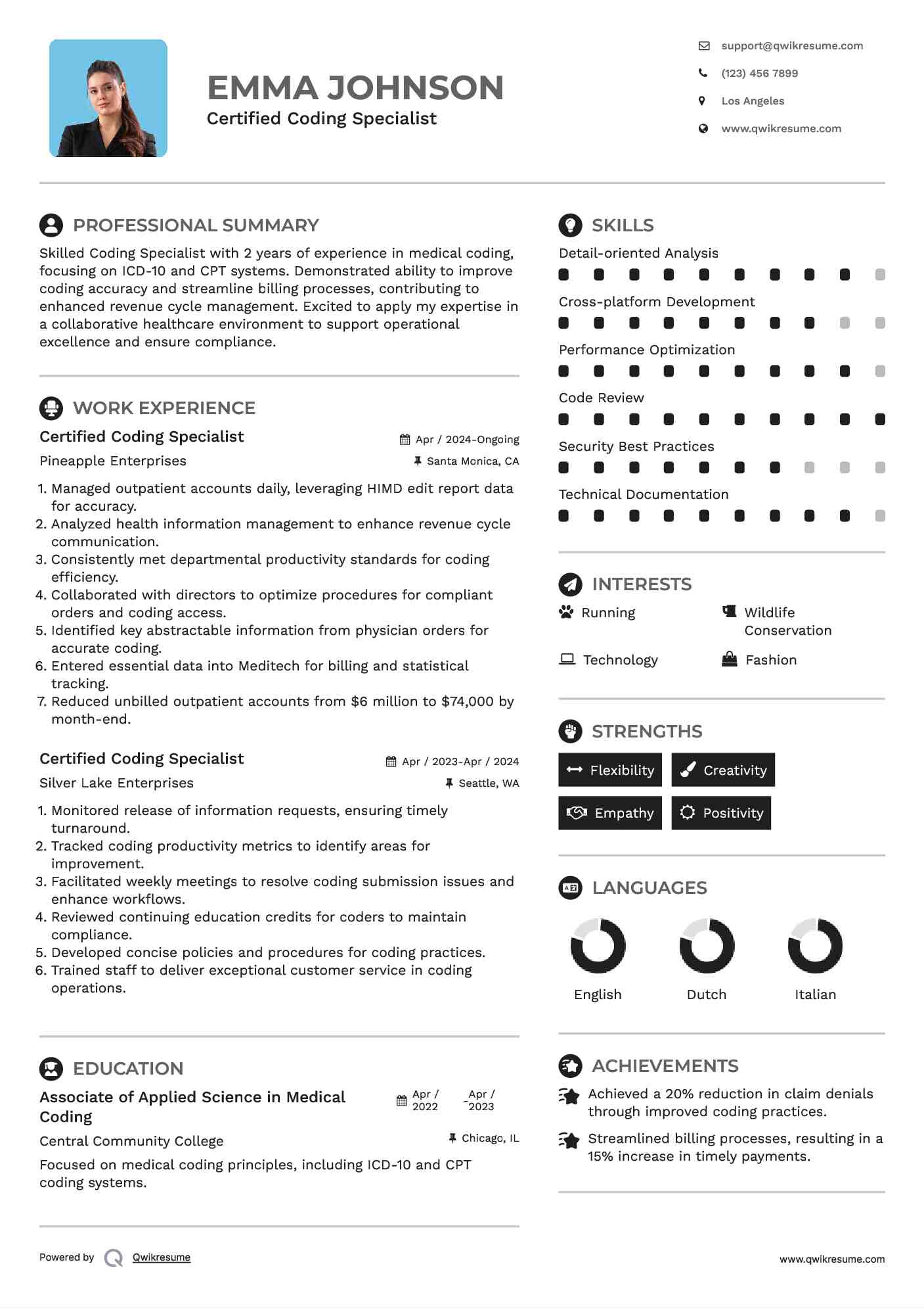 Certified Coding Specialist Resume Example