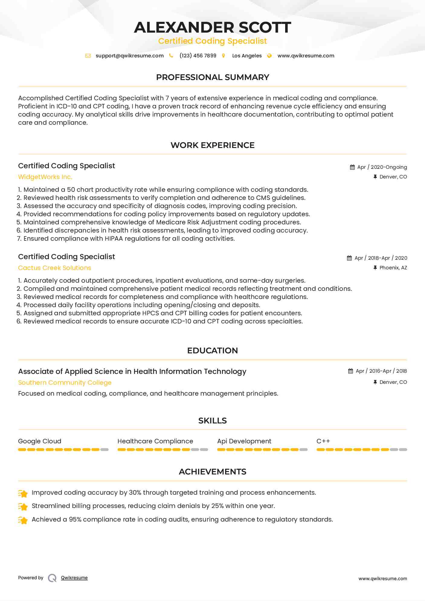 Certified Coding Specialist Resume Format