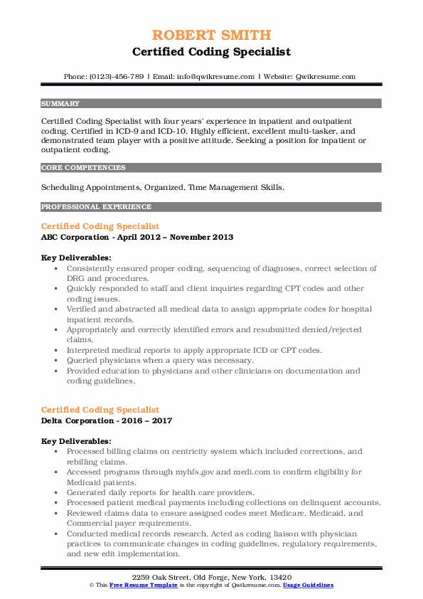 Certified Coding Specialist Resume Samples QwikResume