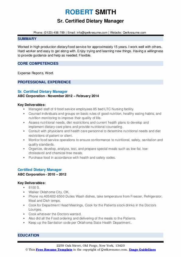 Certified Dietary Manager Resume Sample Manager Resumes