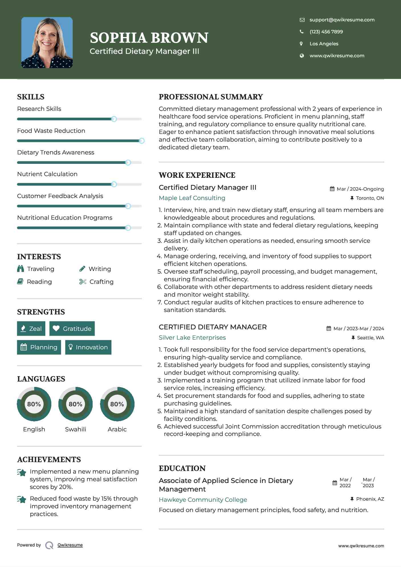 Certified Dietary Manager III Resume Sample