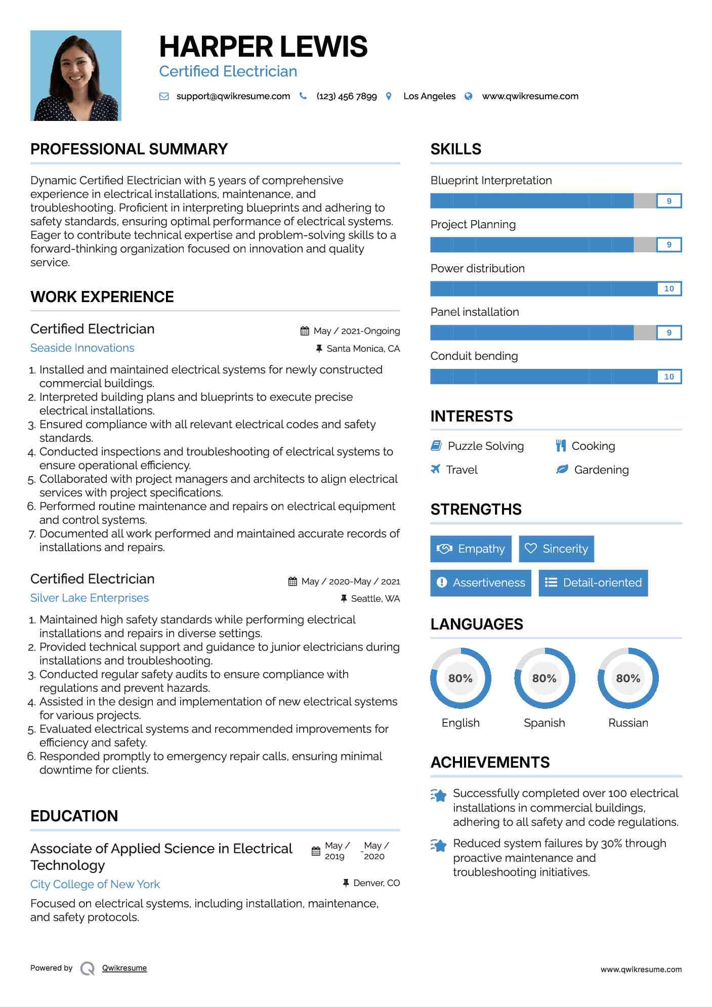 Certified Electrician Resume Example