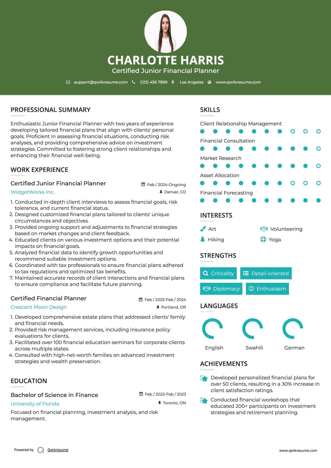 Certified Junior Financial Planner Resume Sample