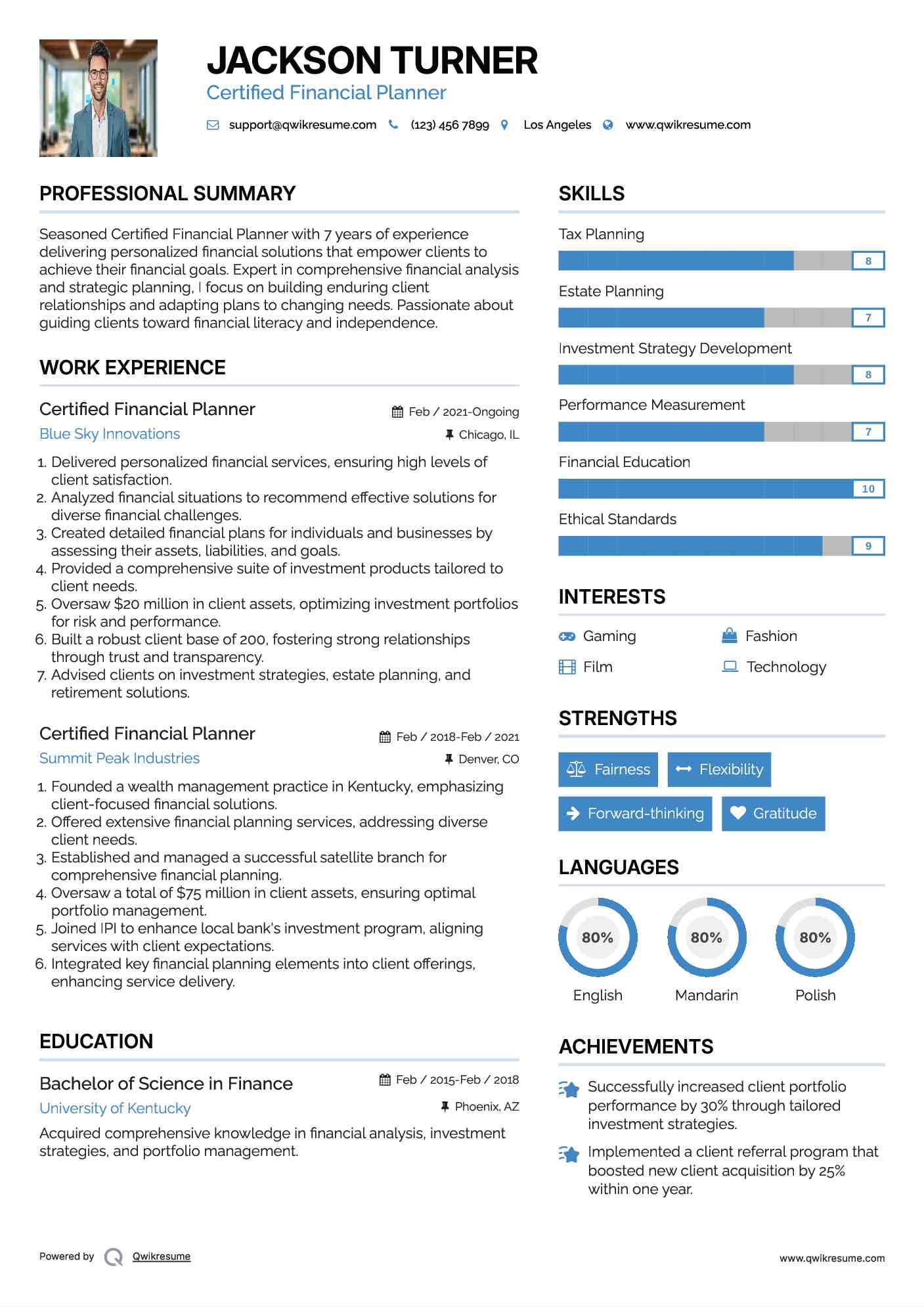 Certified Financial Planner Resume Sample