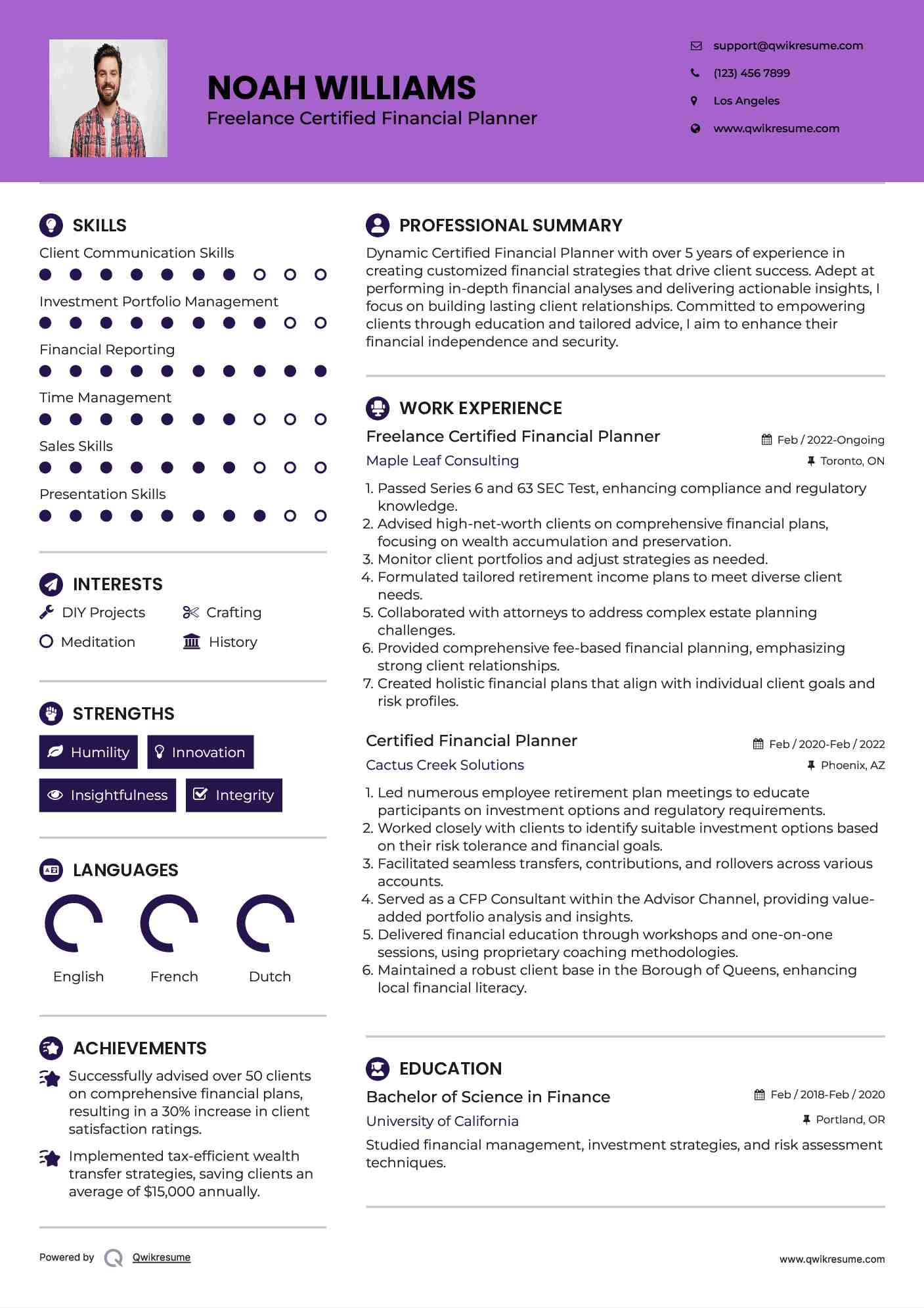 Freelance Certified Financial Planner Resume Template