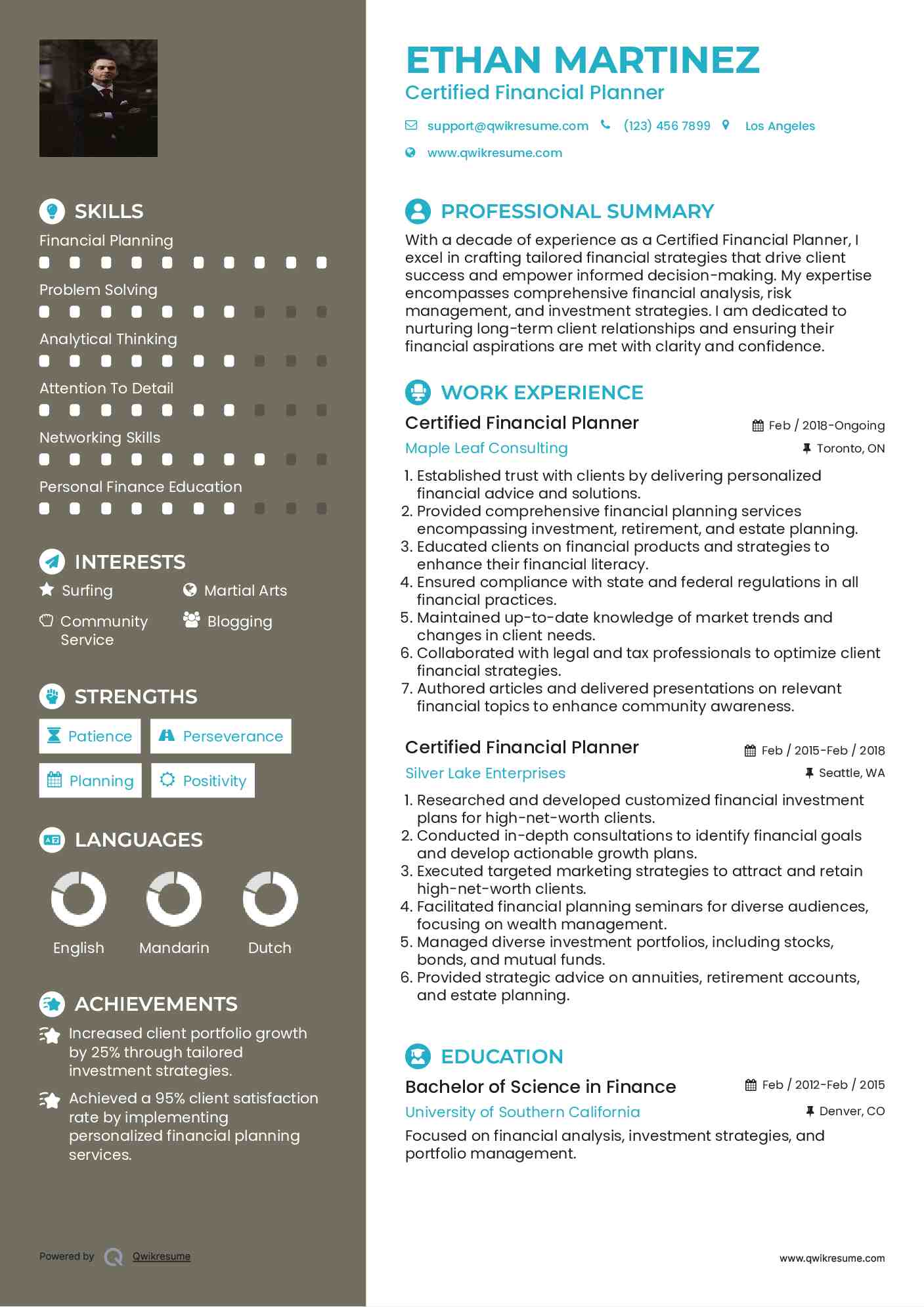 Certified Financial Planner Resume Sample