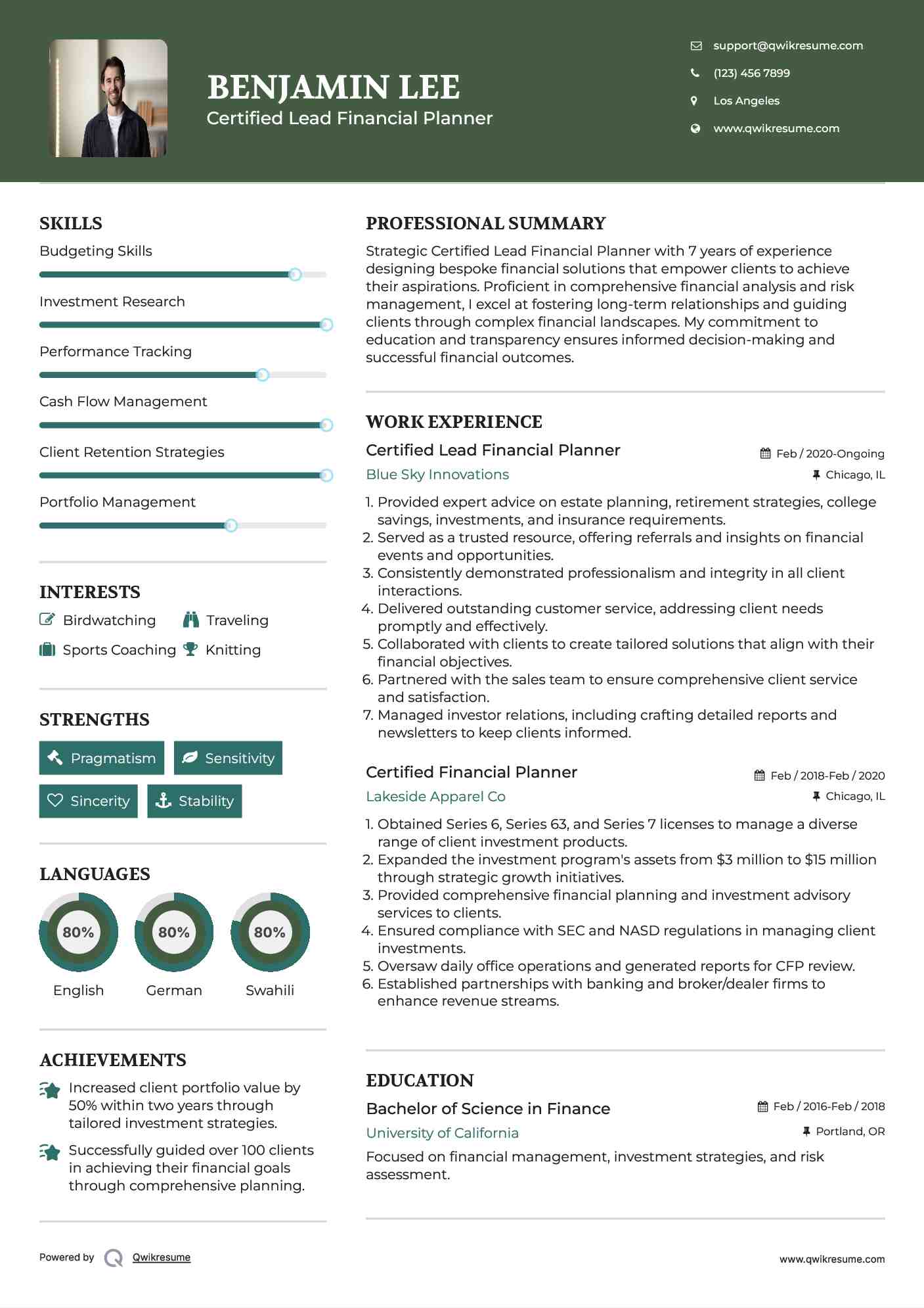 Certified Lead Financial Planner Resume Template