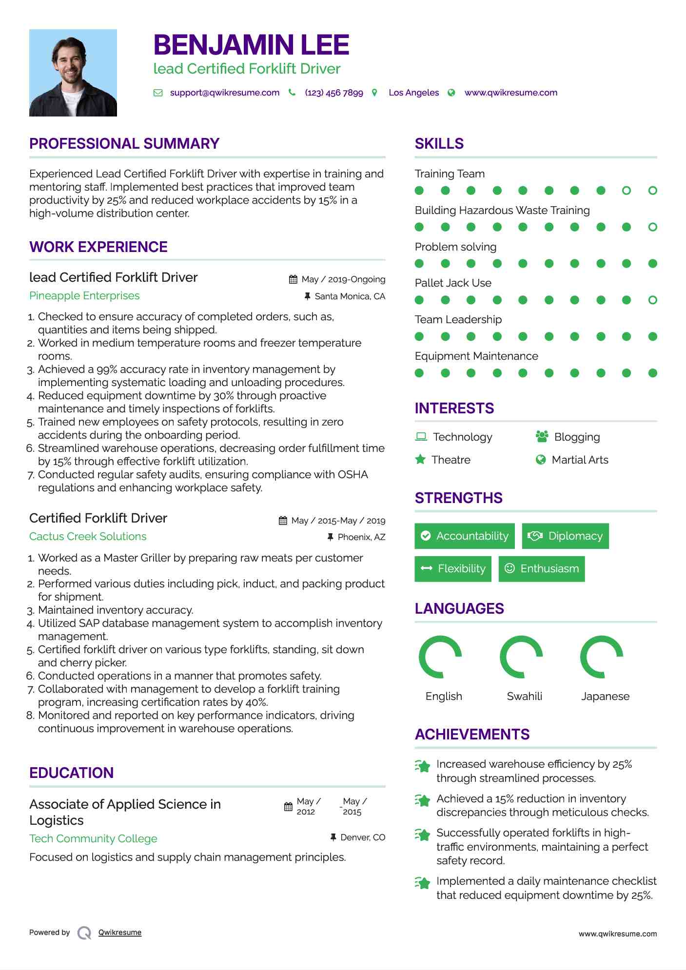 Certified Forklift Driver Resume Samples QwikResume