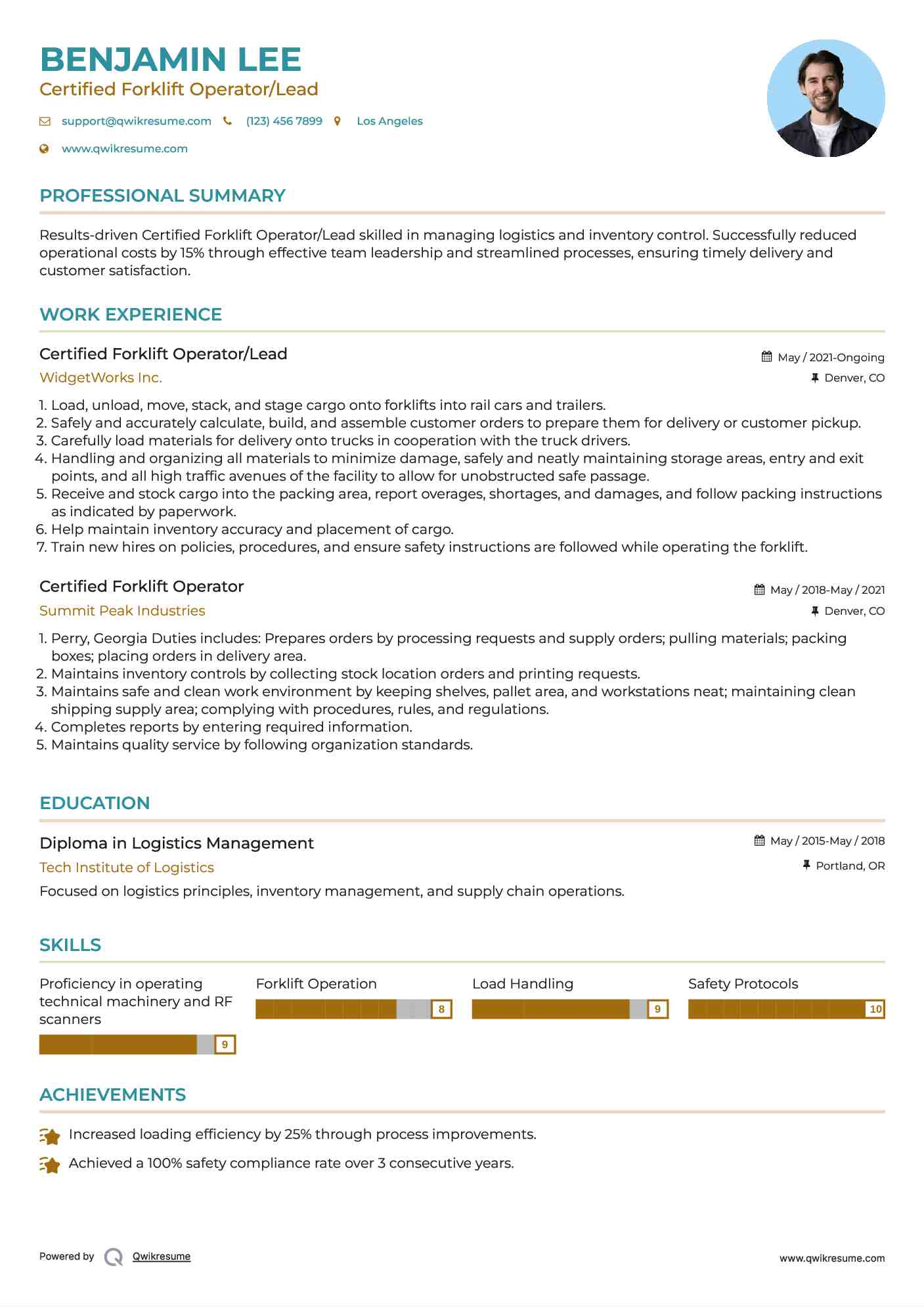 Certified Forklift Operator/Lead Resume Model