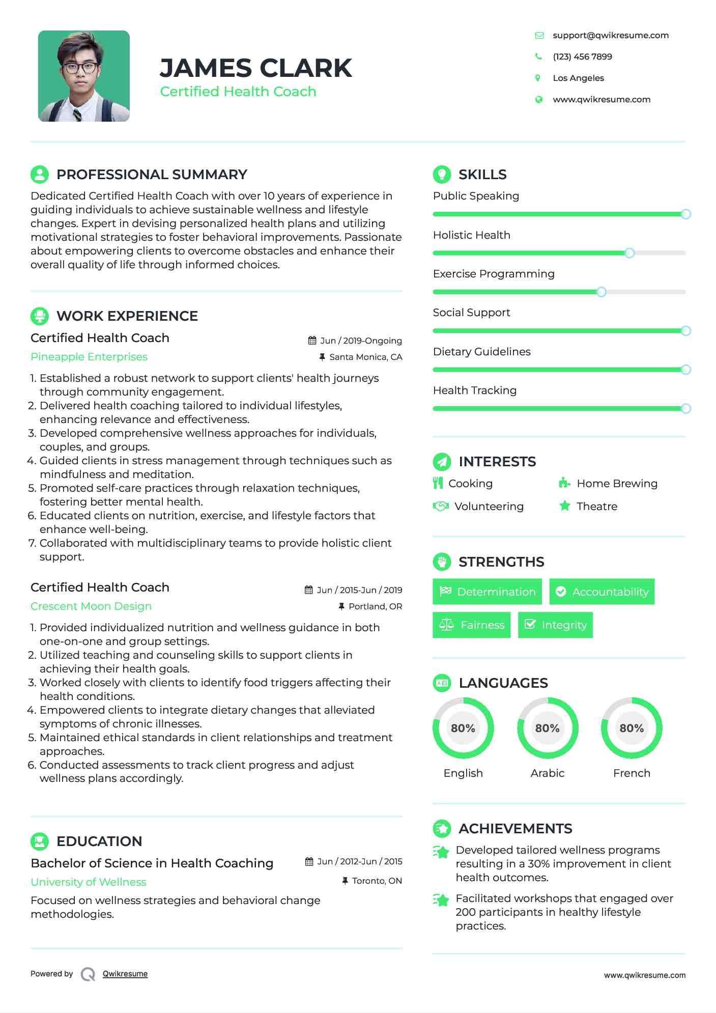 Certified Health Coach Resume Example