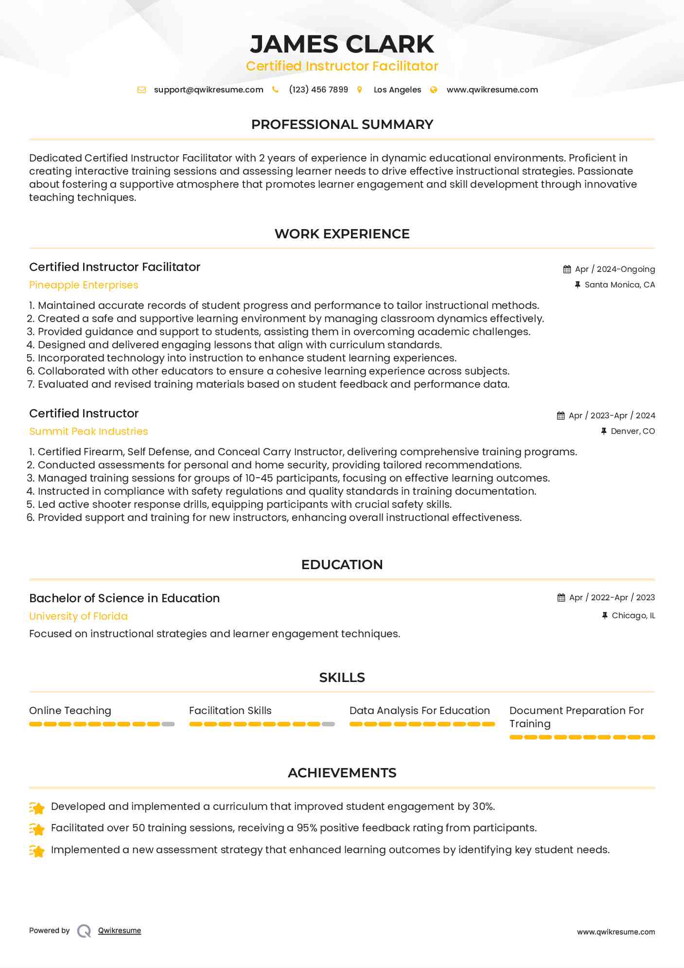 Certified Instructor Facilitator Resume Model