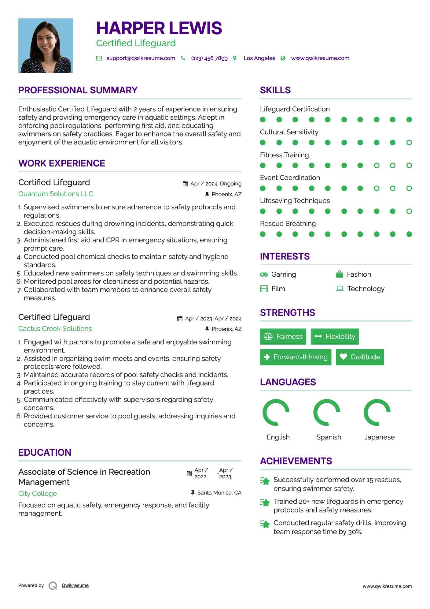 Certified Lifeguard Resume Sample