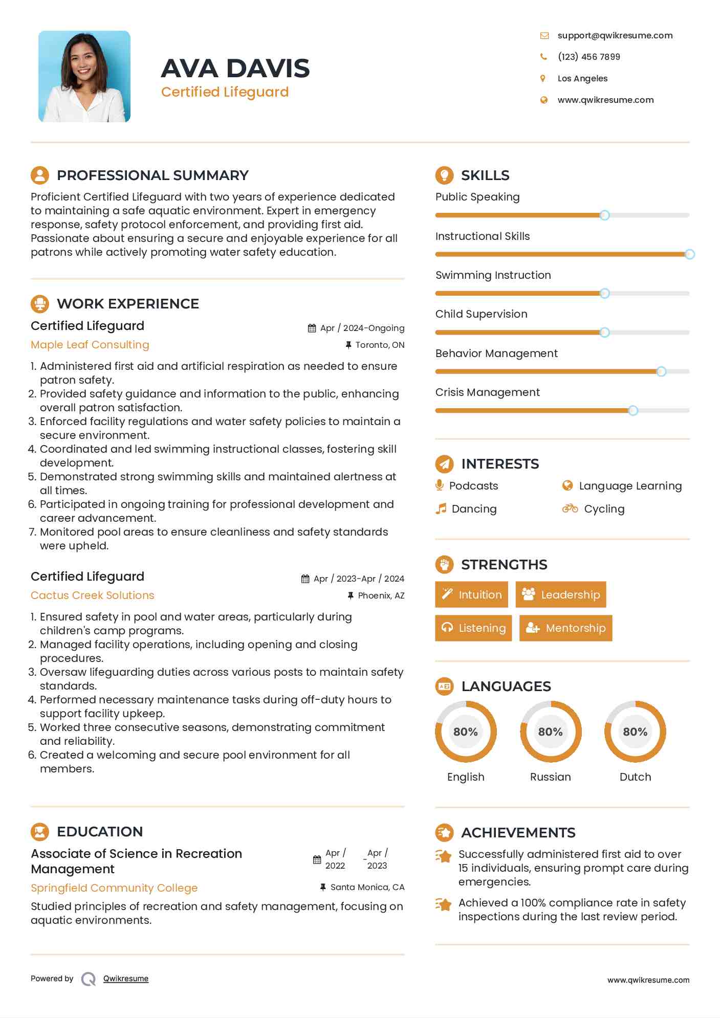 Certified Lifeguard Resume Sample