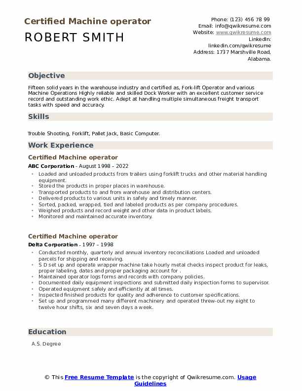 Certified Machine operator Resume Samples QwikResume