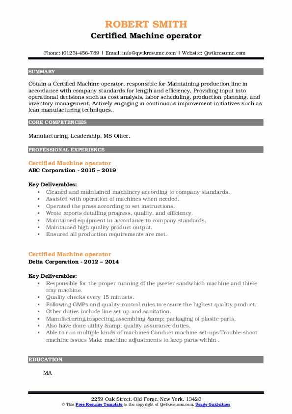 Certified Machine operator Resume Samples QwikResume