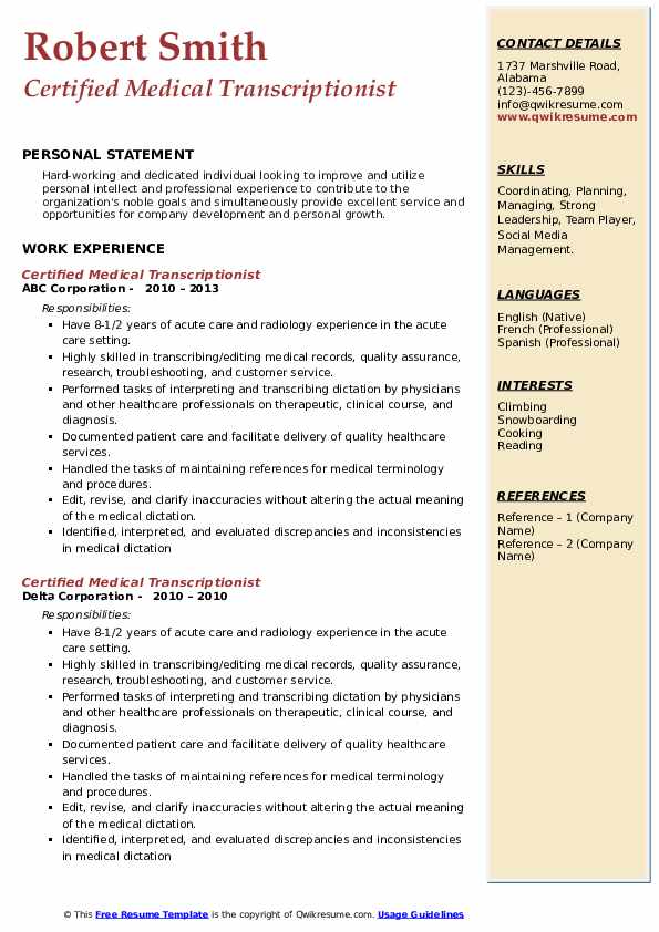 Certified Medical Transcriptionist Resume Samples QwikResume