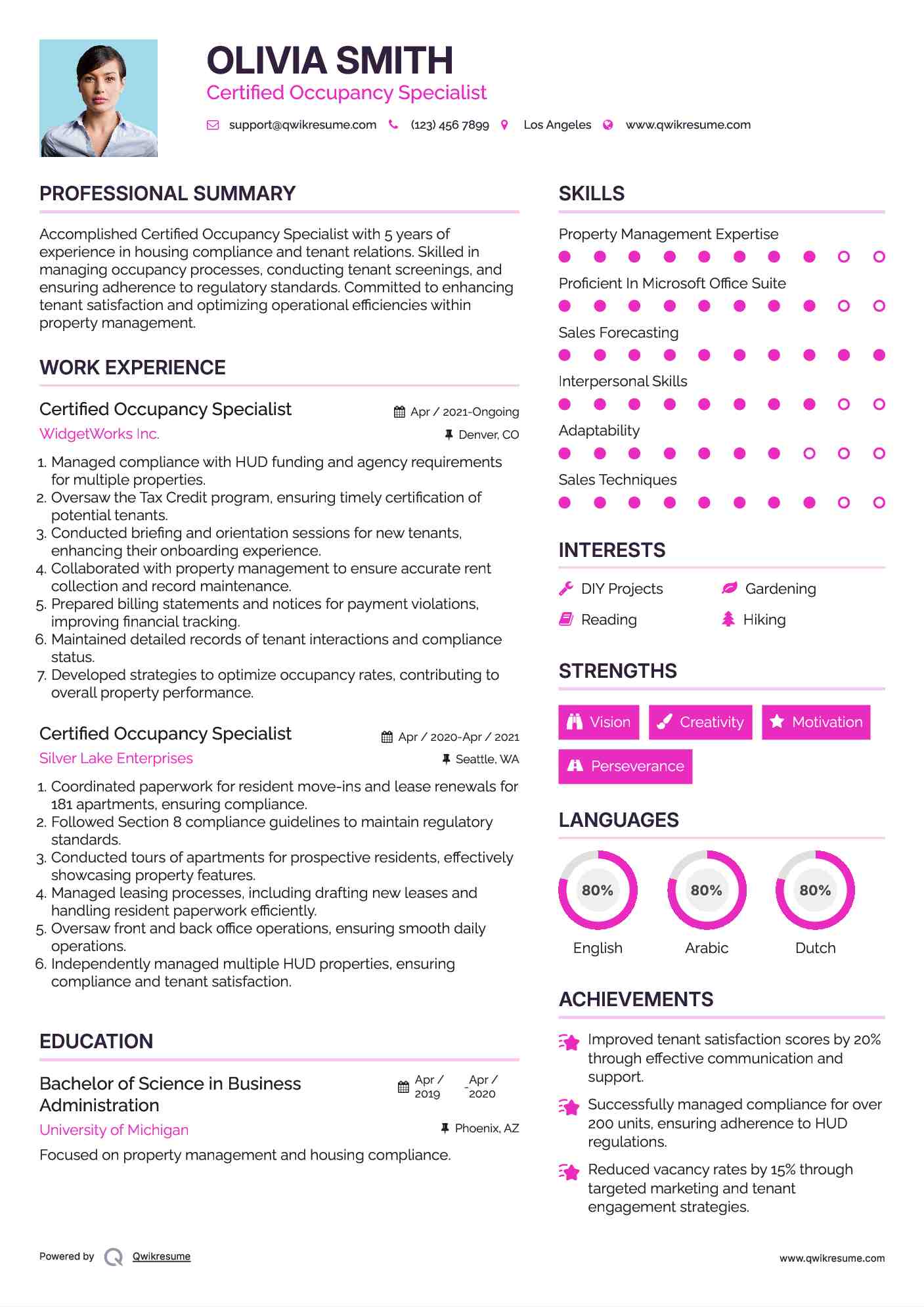 Certified Occupancy Specialist Resume Example