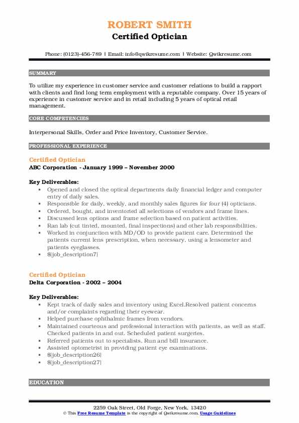 Certified Optician Resume Samples QwikResume