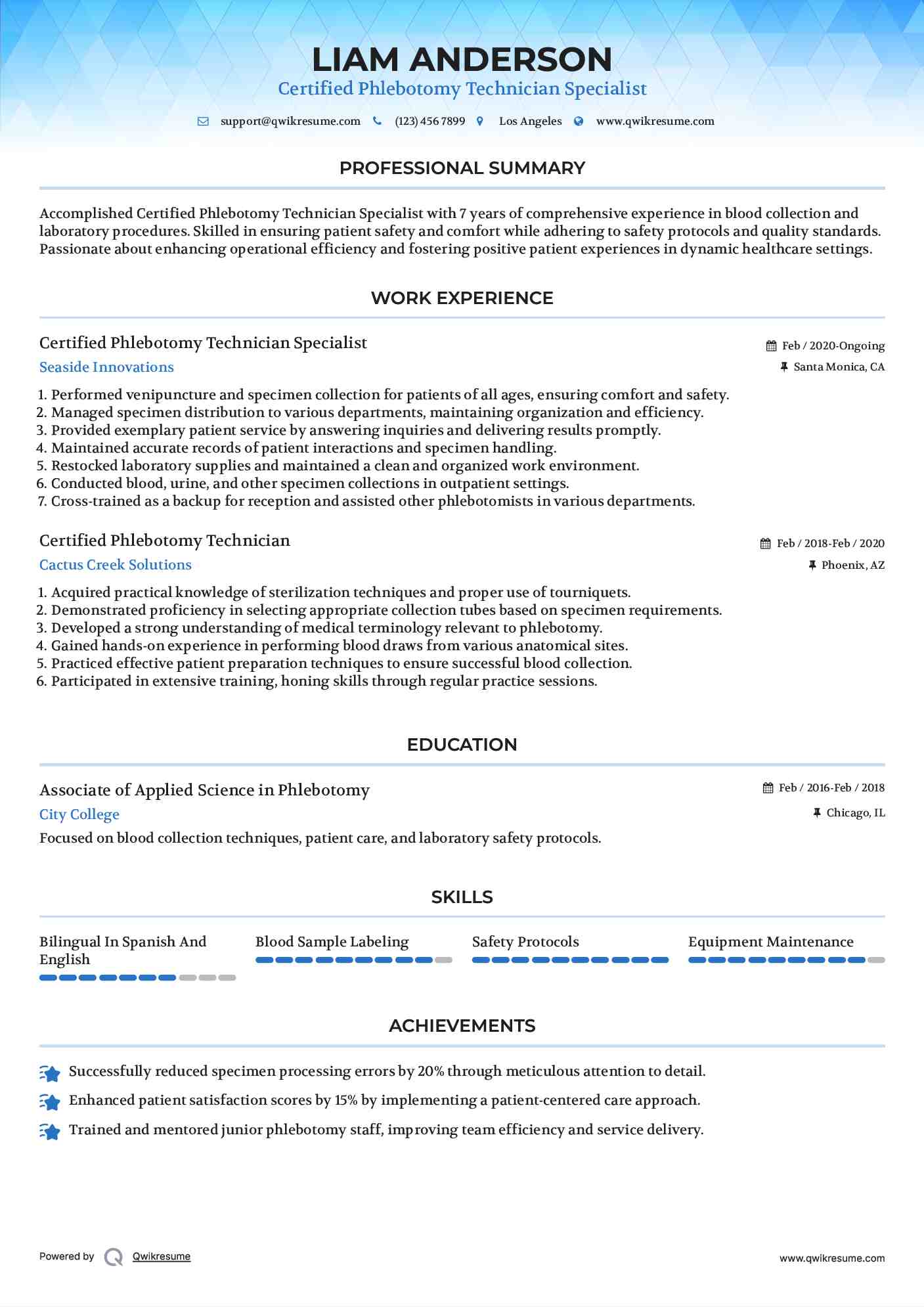 Certified Phlebotomy Technician Specialist Resume Format