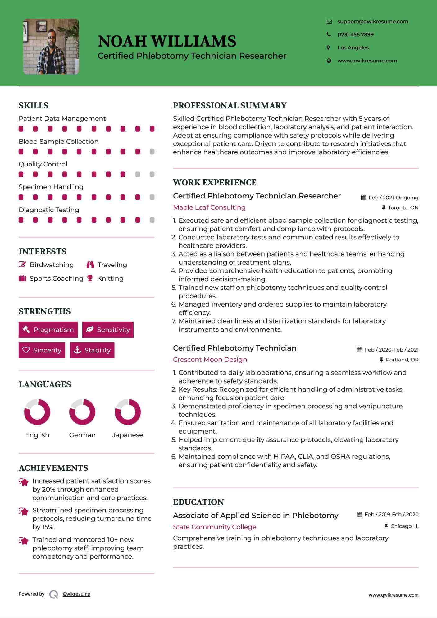 Certified Phlebotomy Technician Researcher Resume Example