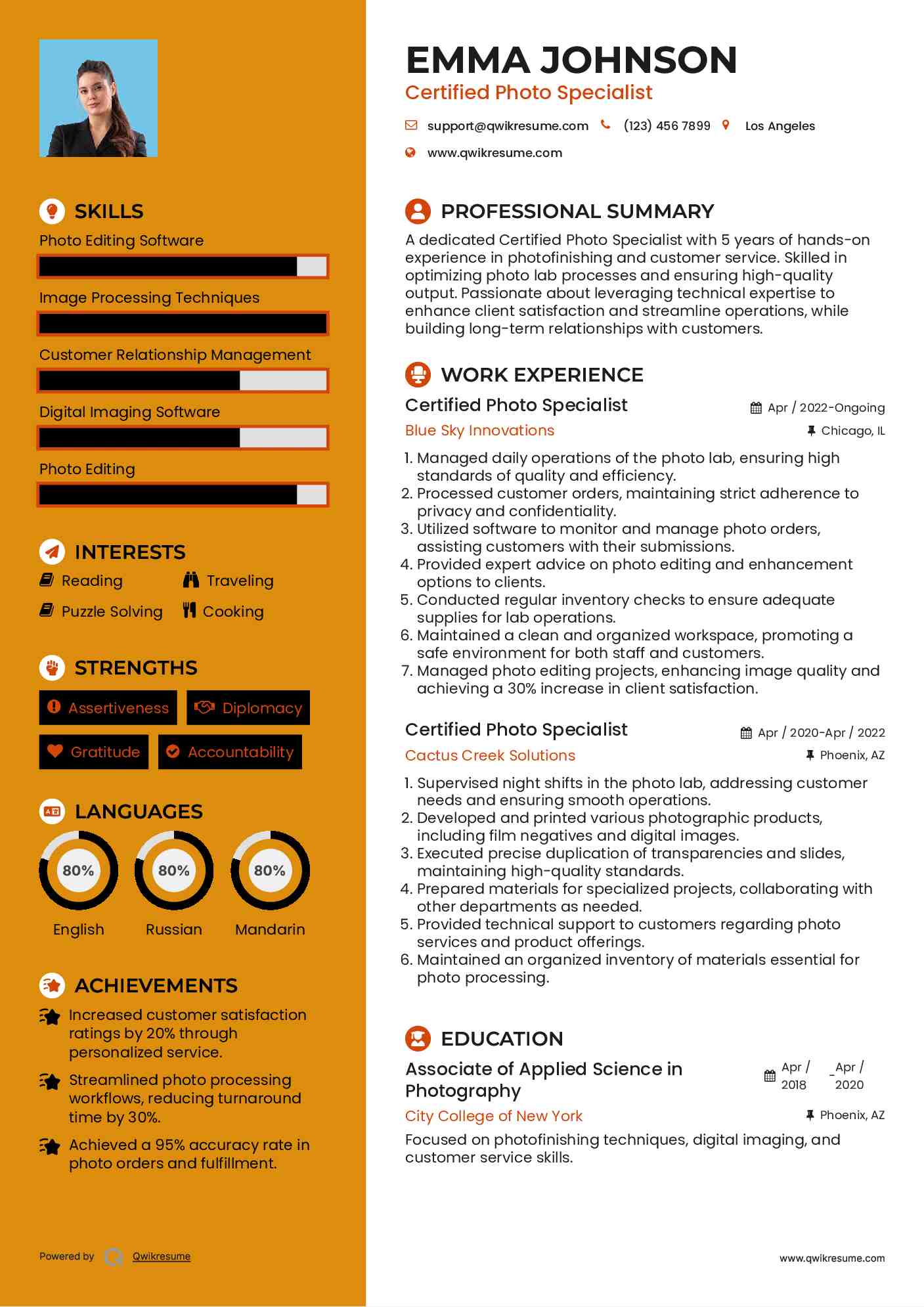 Certified Photo Specialist Resume Model