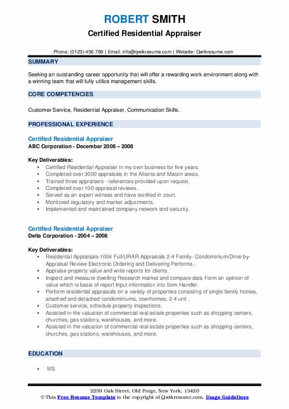 Certified Residential Appraiser Resume Samples QwikResume