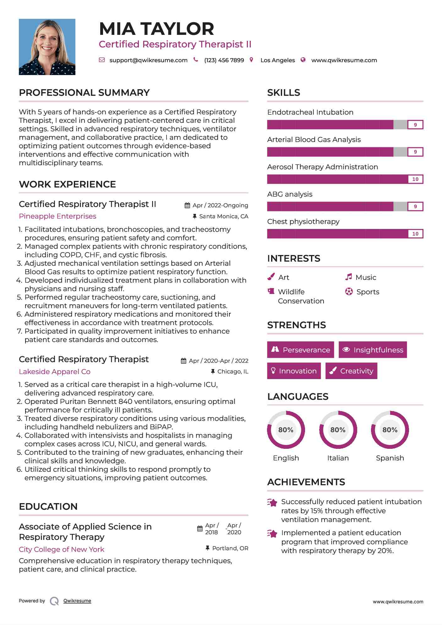 Certified Respiratory Therapist II Resume Model