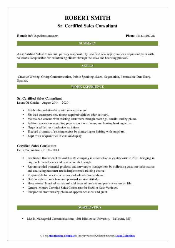 Certified Sales Consultant Resume Samples QwikResume
