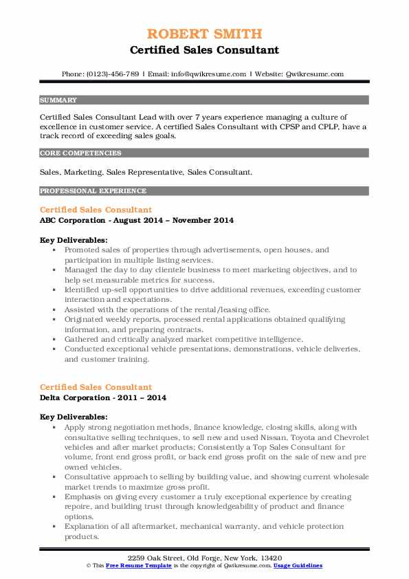 Certified Sales Consultant Resume Samples QwikResume