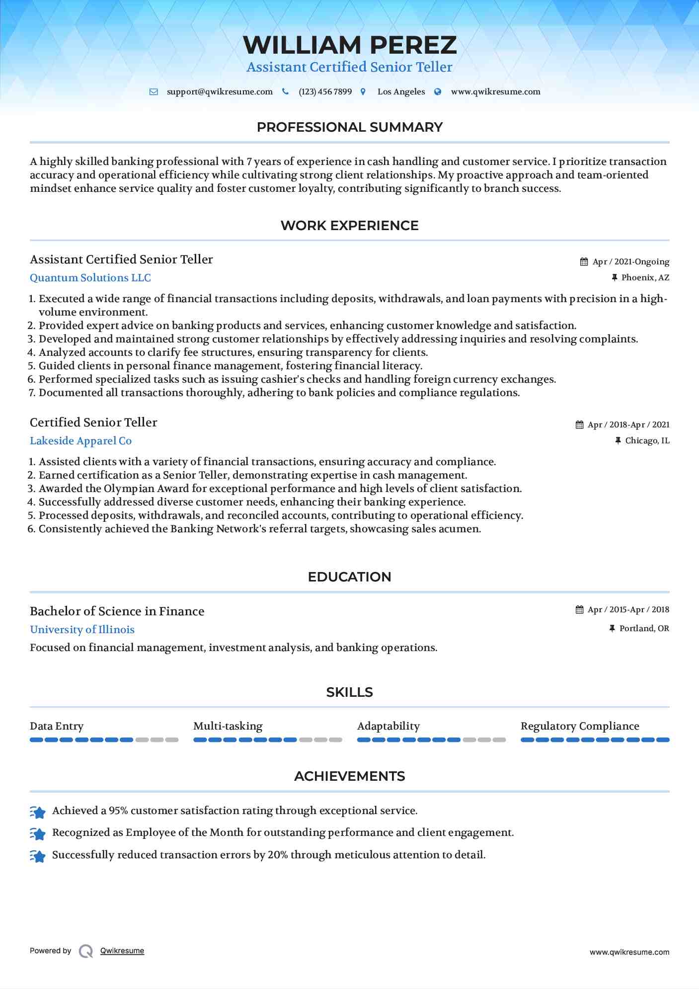 Assistant Certified Senior Teller Resume Sample