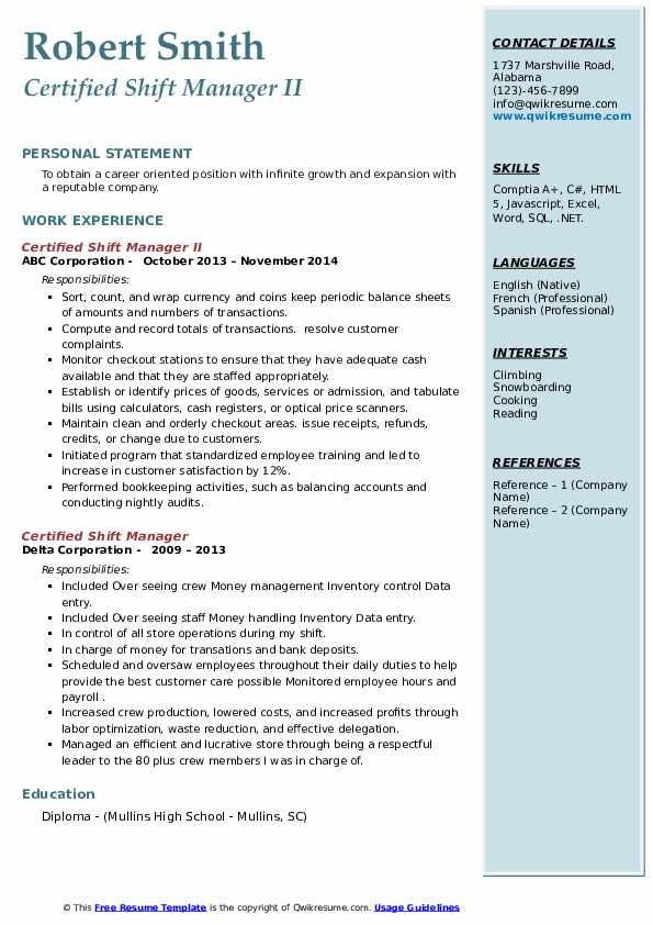 Certified Shift Manager Resume - Certified Shift Manager 1583155554 Pdf 