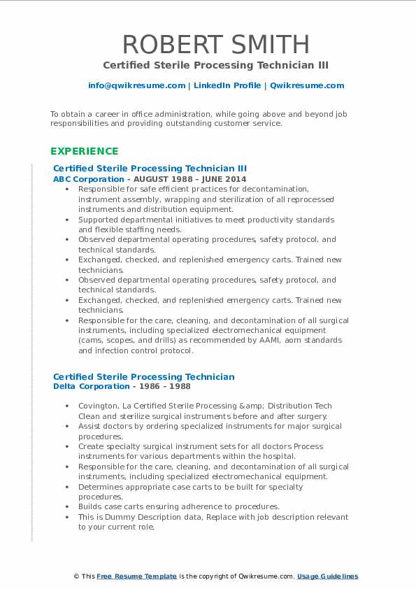 Certified Sterile Processing Technician Resume Samples QwikResume