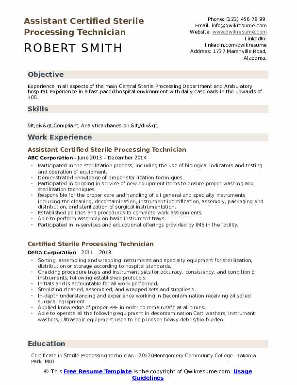 Certified Sterile Processing Technician Resume Samples QwikResume