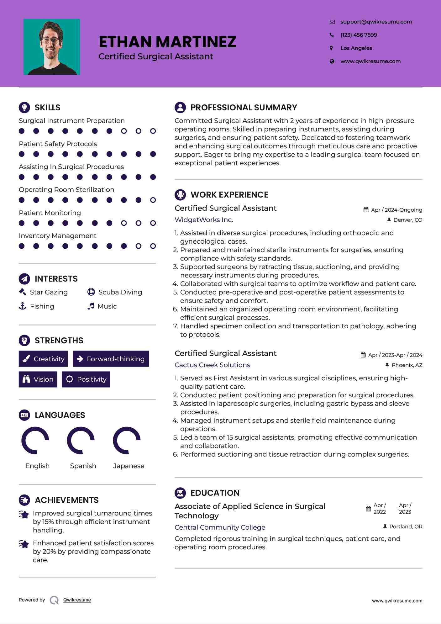 Certified Surgical Assistant Resume Sample