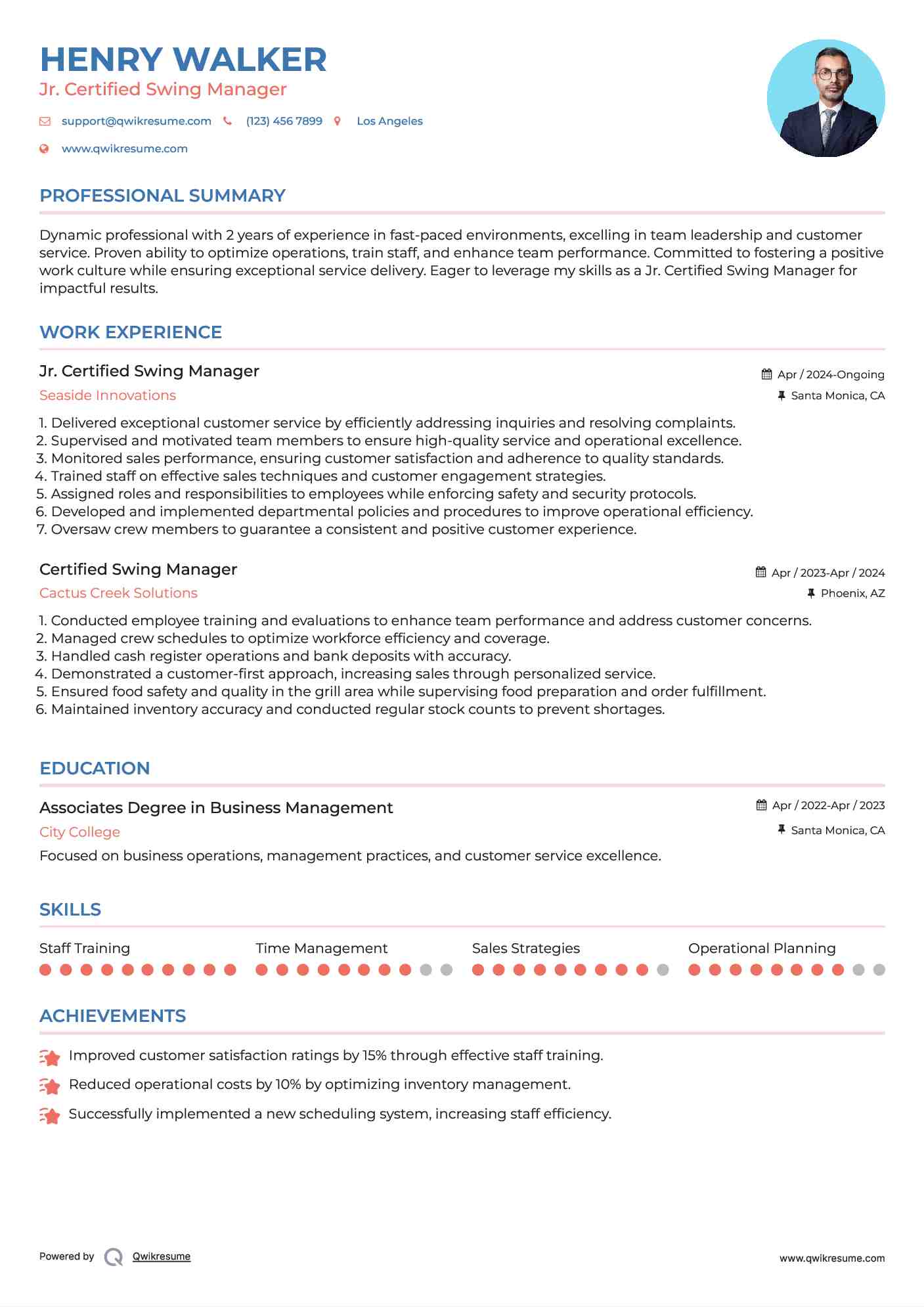 Certified Swing Manager Resume Samples QwikResume