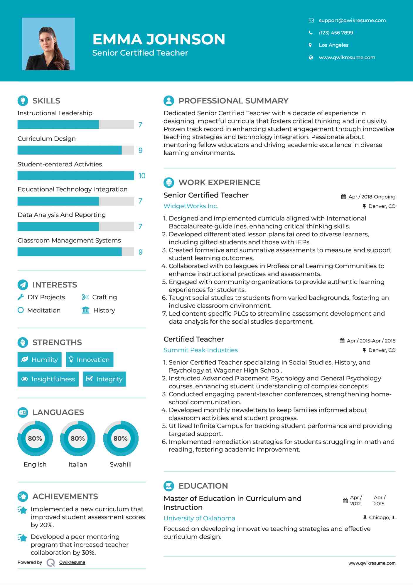Senior Certified Teacher Resume Example