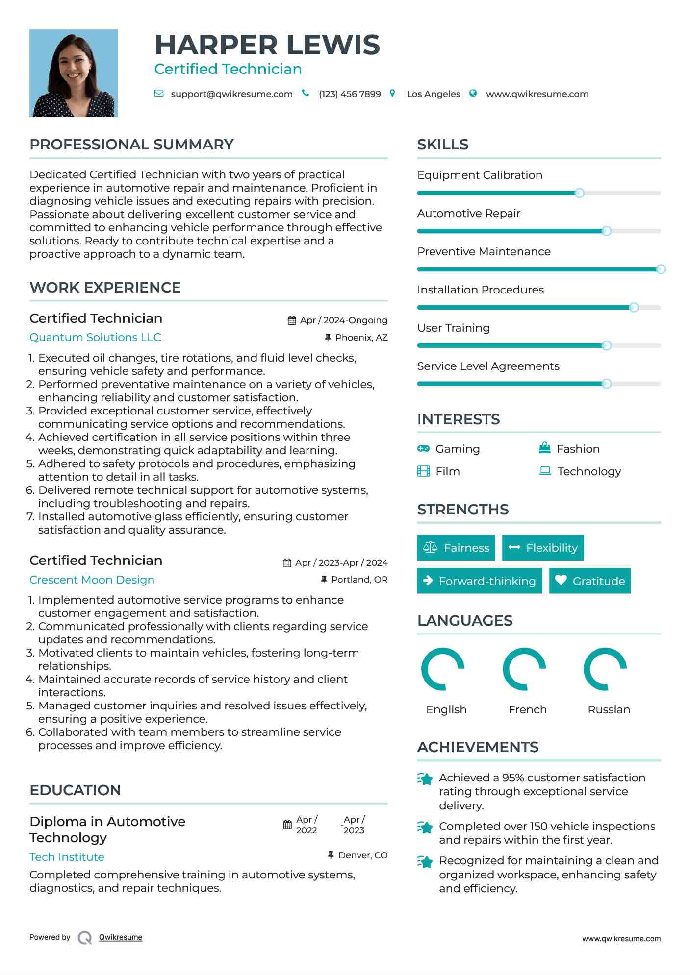 Certified Technician Resume Sample