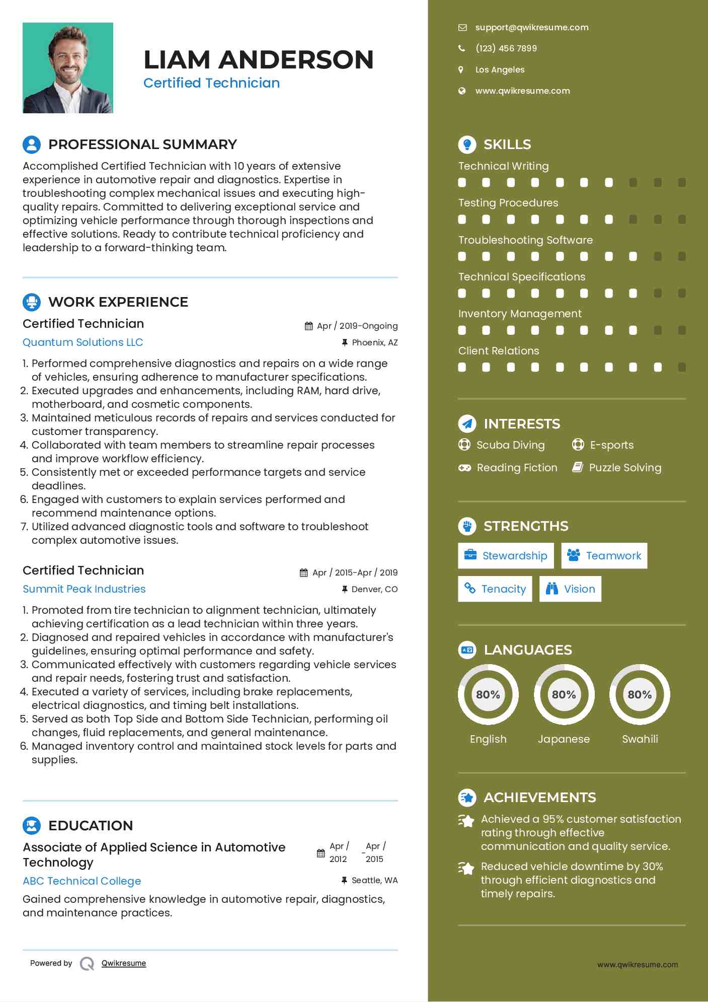 Certified Technician Resume Sample
