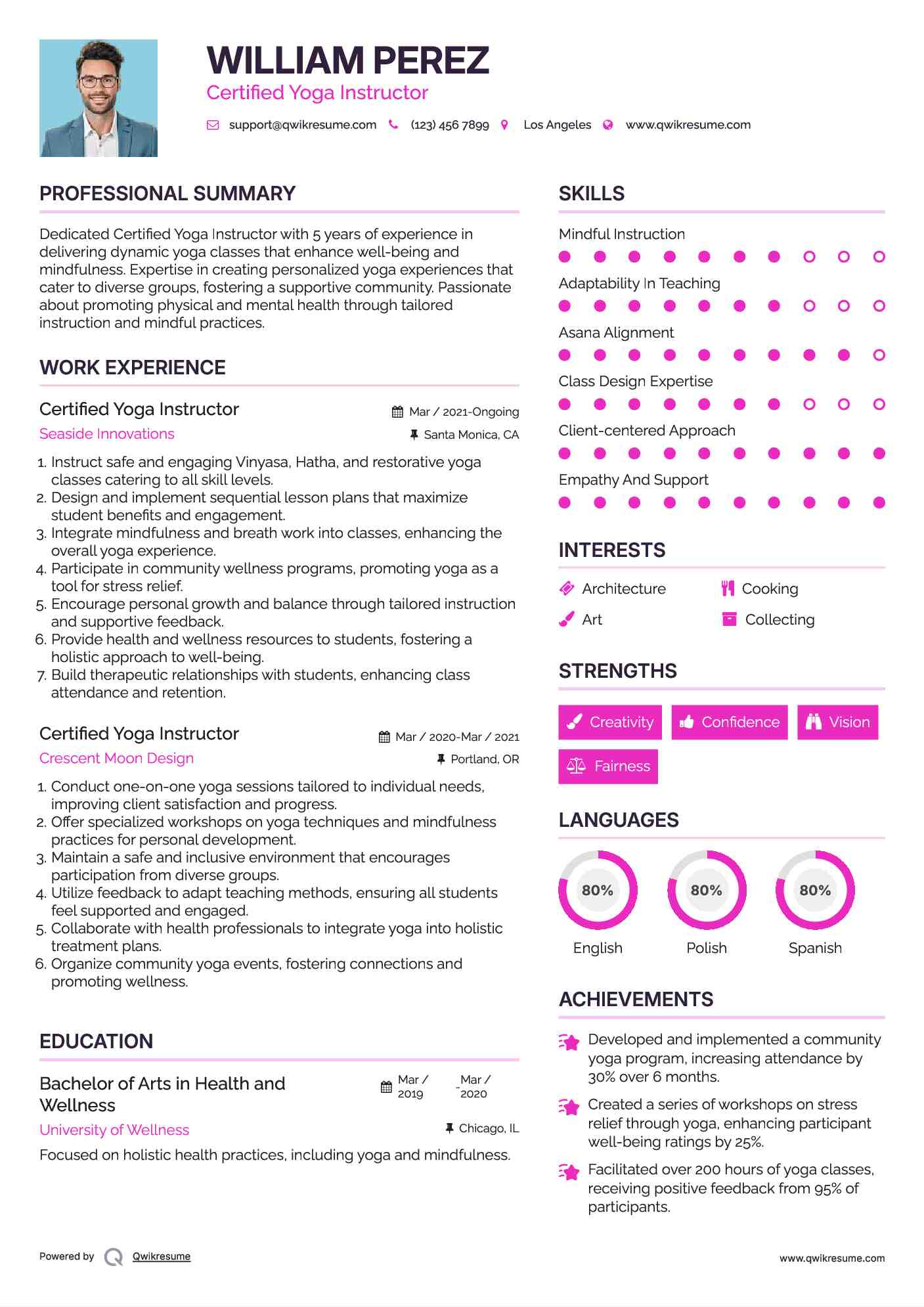 Certified Yoga Instructor Resume Example