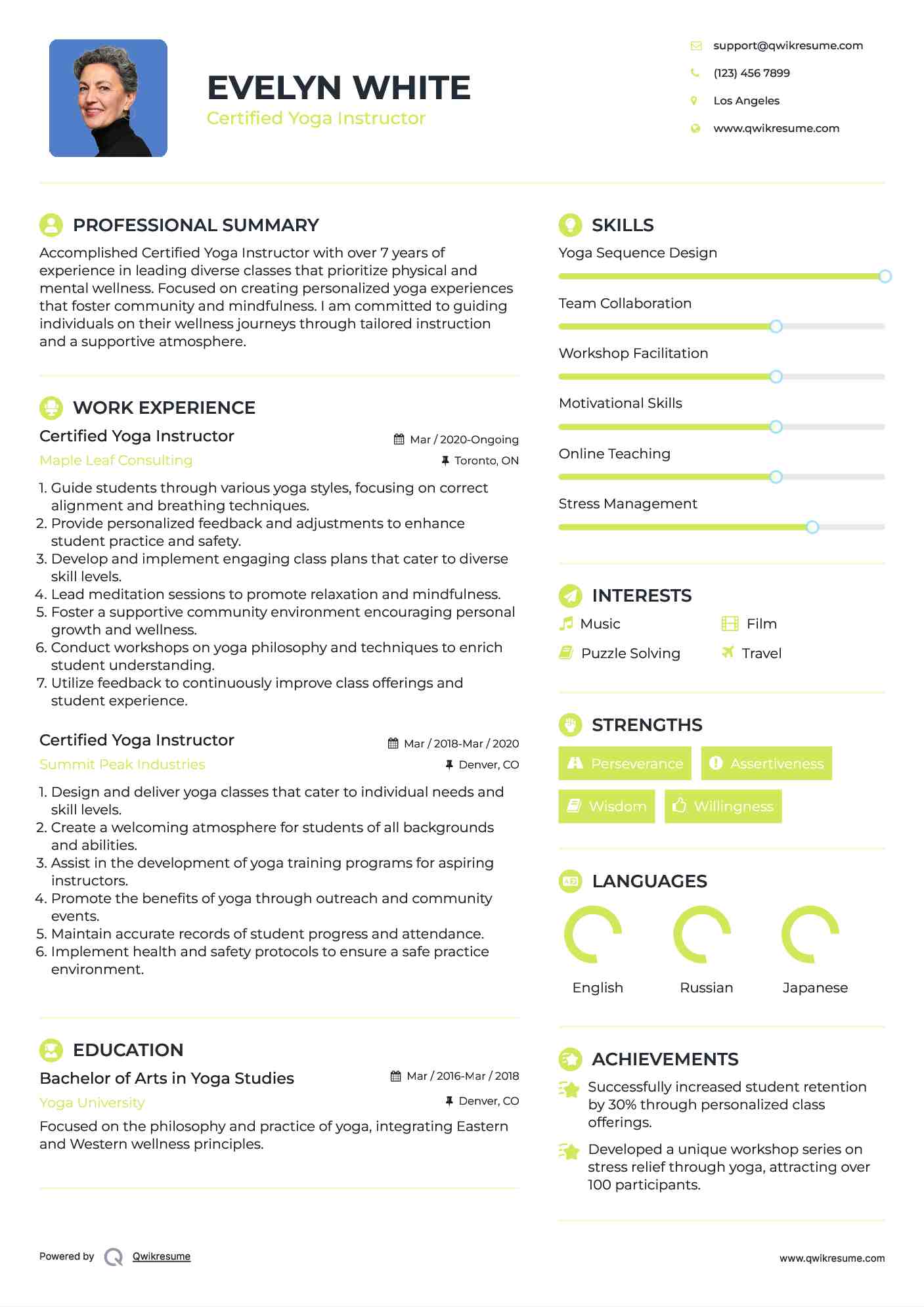 Certified Yoga Instructor Resume Sample
