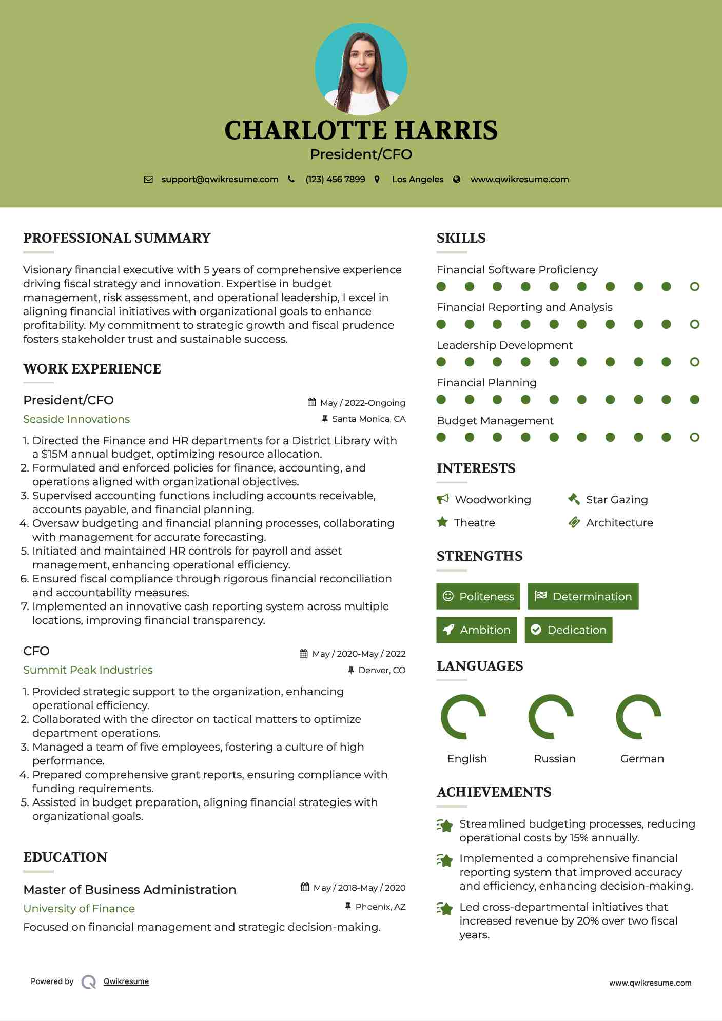 President/CFO Resume Format