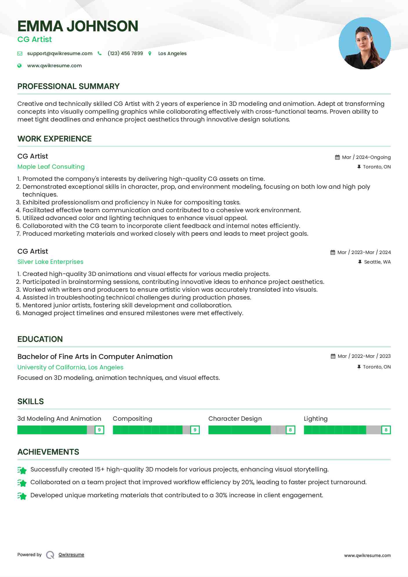 CG Artist Resume Example