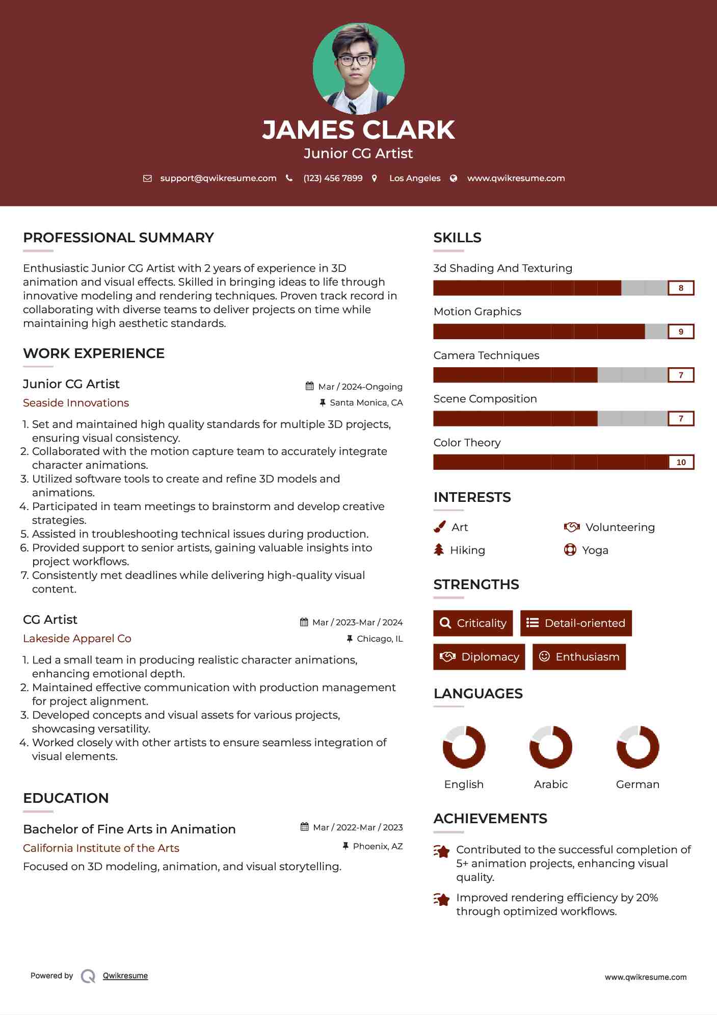 Junior CG Artist Resume Model