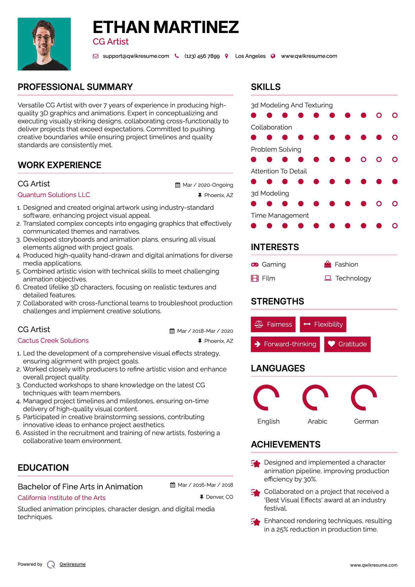 CG Artist Resume Sample