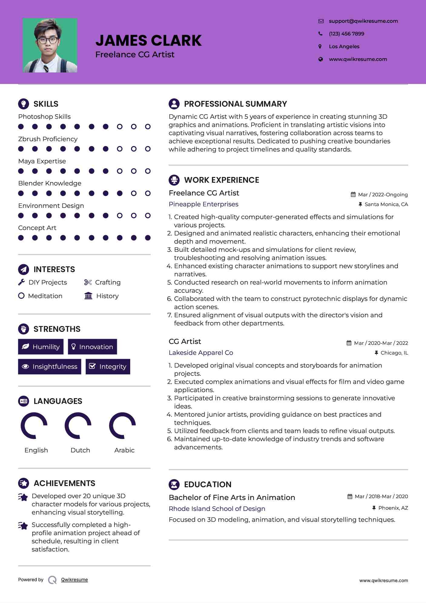 Freelance CG Artist Resume Sample