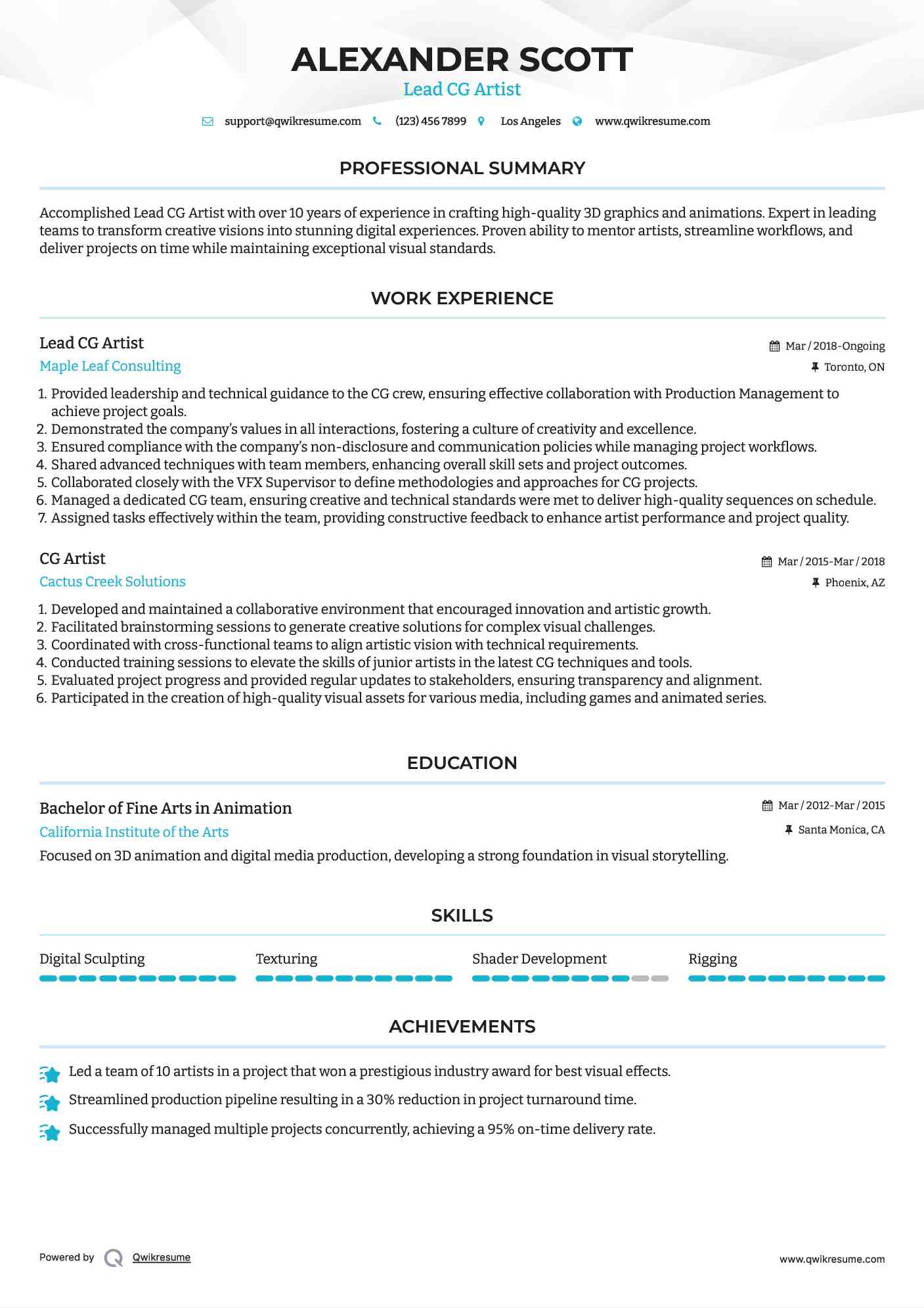 Lead CG Artist Resume Sample